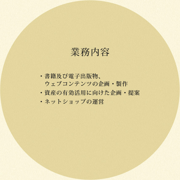 業務内容 ・書籍及び電子出版物、ウェブコンテンツの企画・製作・ 資産の有効活用に向けた企画・提案 ・ネットショップの運営